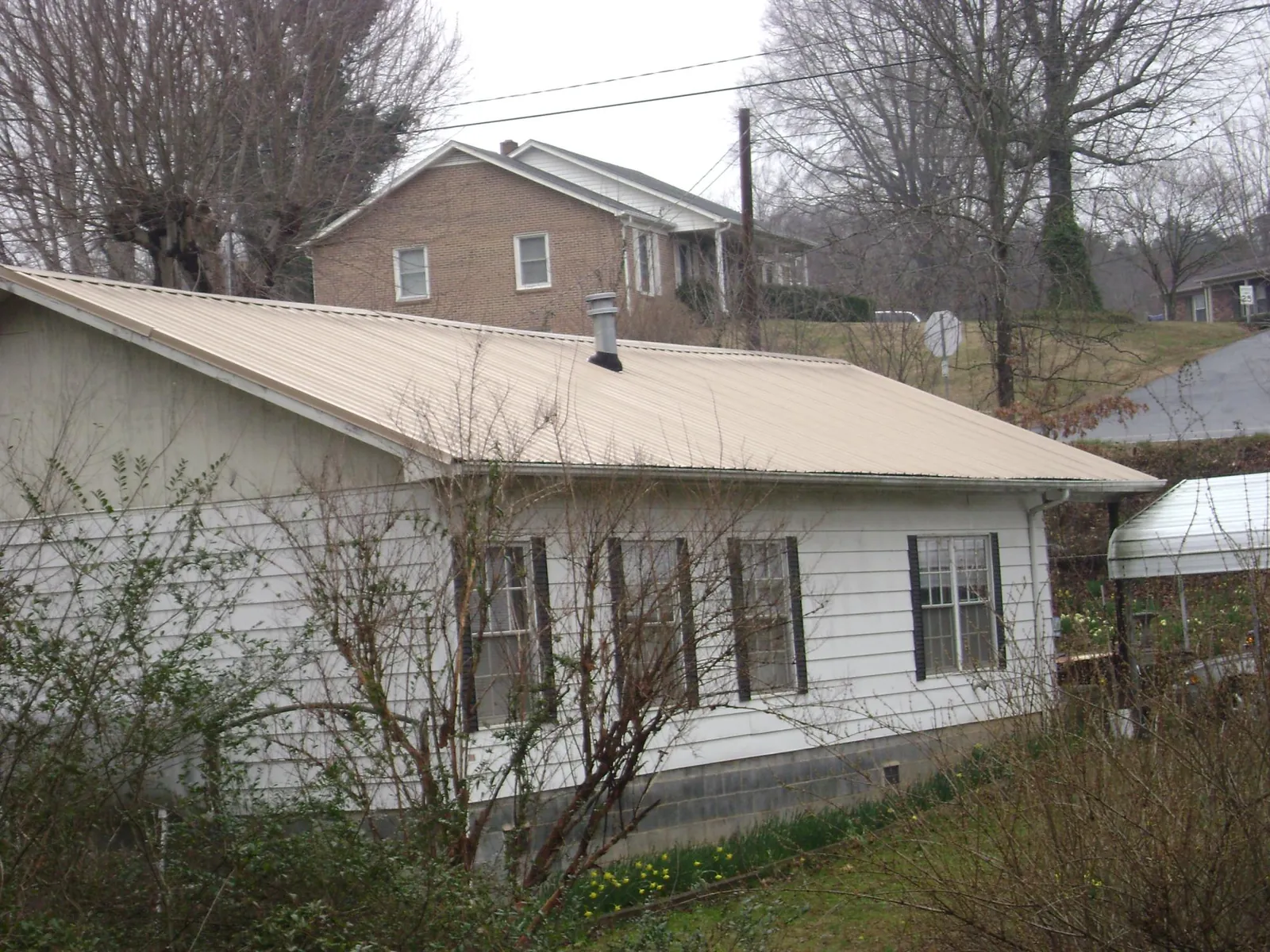 Tan metal roof on a white sided house set into a hillside in Dawson